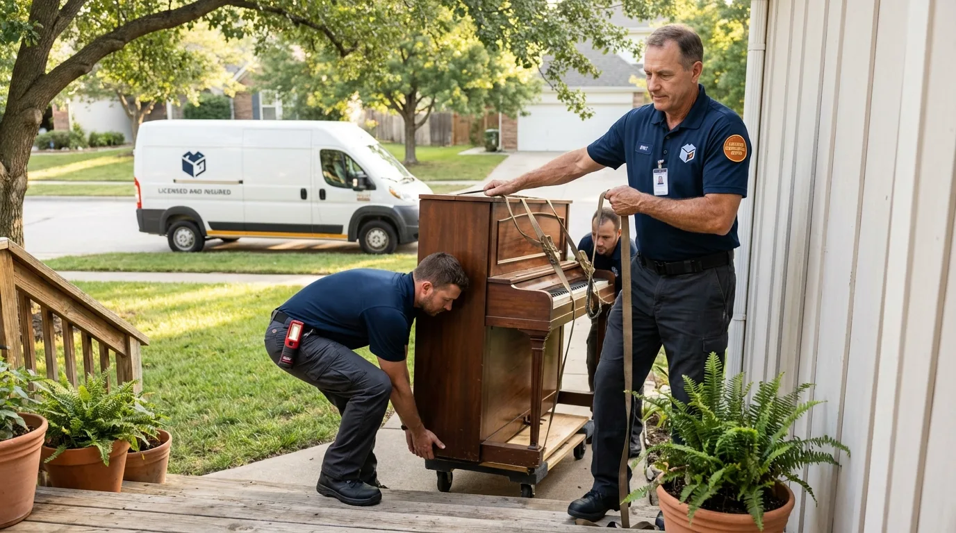 Licensed piano movers securing grand piano in Kaysville, UT