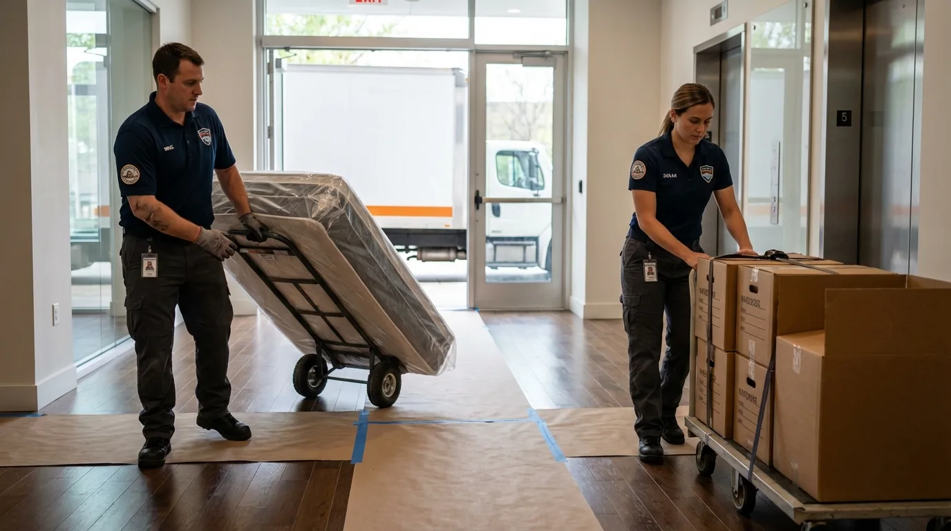 Professional apartment movers loading elevator in Kaysville, UT